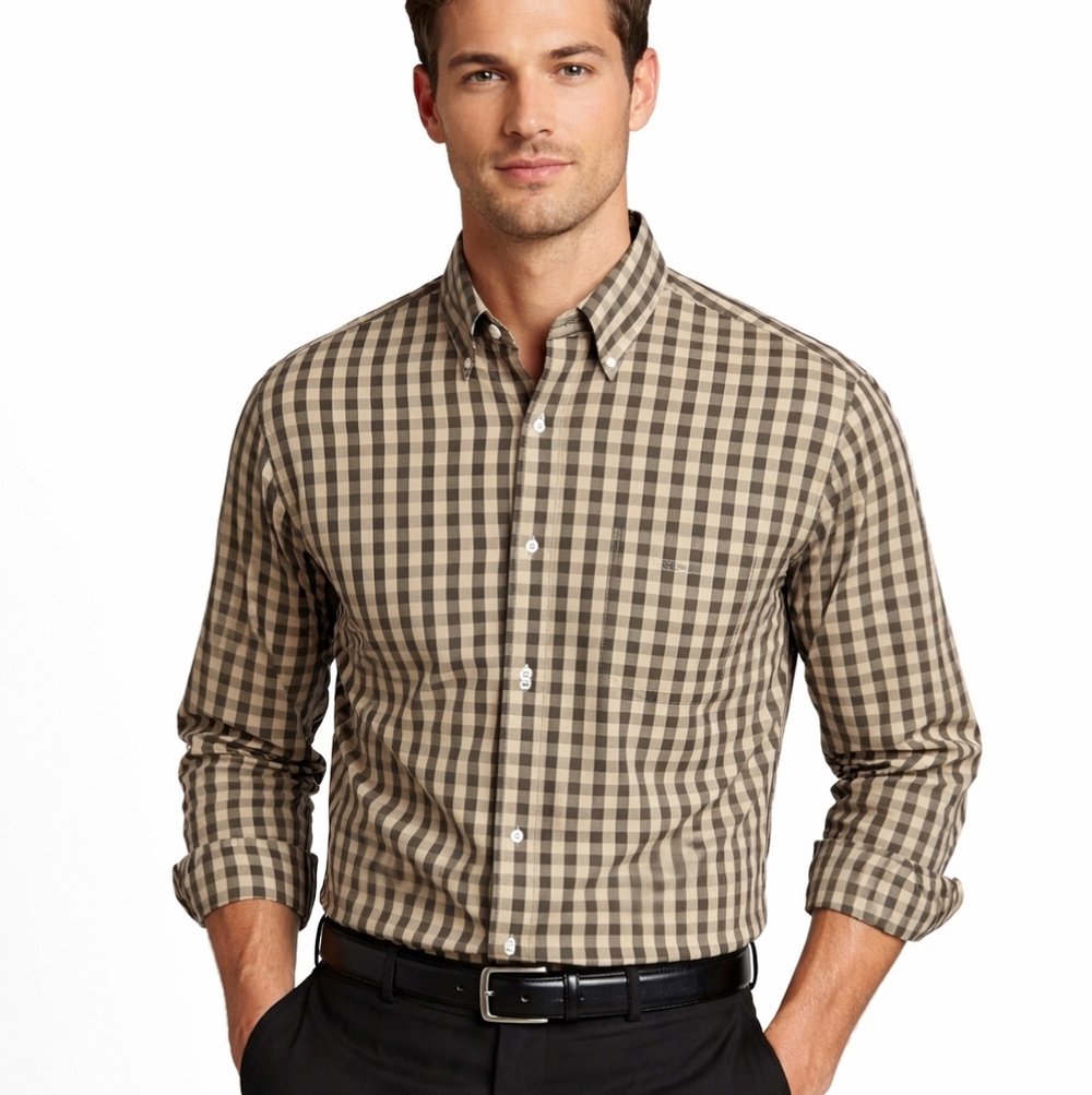 Silk Green Gingham Shirt Men's M Long Sleeve Button Up Down Preppy Old Money